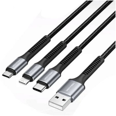 Cable USB 2-0 Lightning Vention H18BAV- USB Tipo-C Macho- Lightning Macho - MicroUSB Macho - USB Macho- 1-2m- Negro