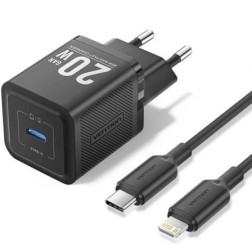 Cargador Gan de Pared Vention TZ-FEPB0-EU-02- 1xUSB Tipo-C + Cable Lightning- 20W