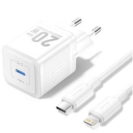 Cargador Gan de Pared Vention TZ-FEPW0-EU-02- 1xUSB Tipo-C + Cable Lightning- 20W