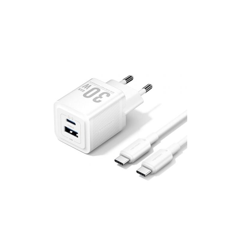 Cargador Gan de Pared Vention TZ-FEQW0-EU-01- 1xUSB Tipo-C- 1xUSB + Cable USB Tipo-C- 30W