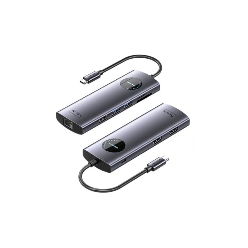 Docking USB Tipo-C Vention TQVHB- 2xHDMI- 3xUSB- 1xRJ45- 1xLector de Tarjetas- 1xUSB Tipo-C PD- Gris