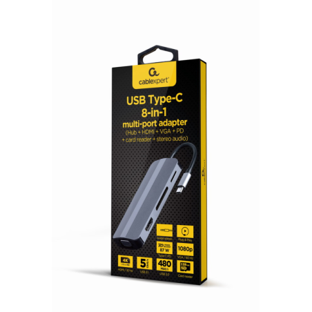 ADAPTADOR MULTIPUERTO USB TIPO-C 8 EN 1 PLATA