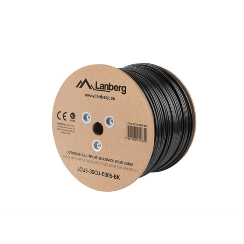 BOBINA CAT-5E LANBERG UTP RJ45 SOLIDO COBRE FLUKE TESTED AWG24 305M NEGRO BOBINA CAT-5E LANBERG UTP RJ45 SOLIDO COBRE FLUKE TESTED AWG24 305M NEGRO