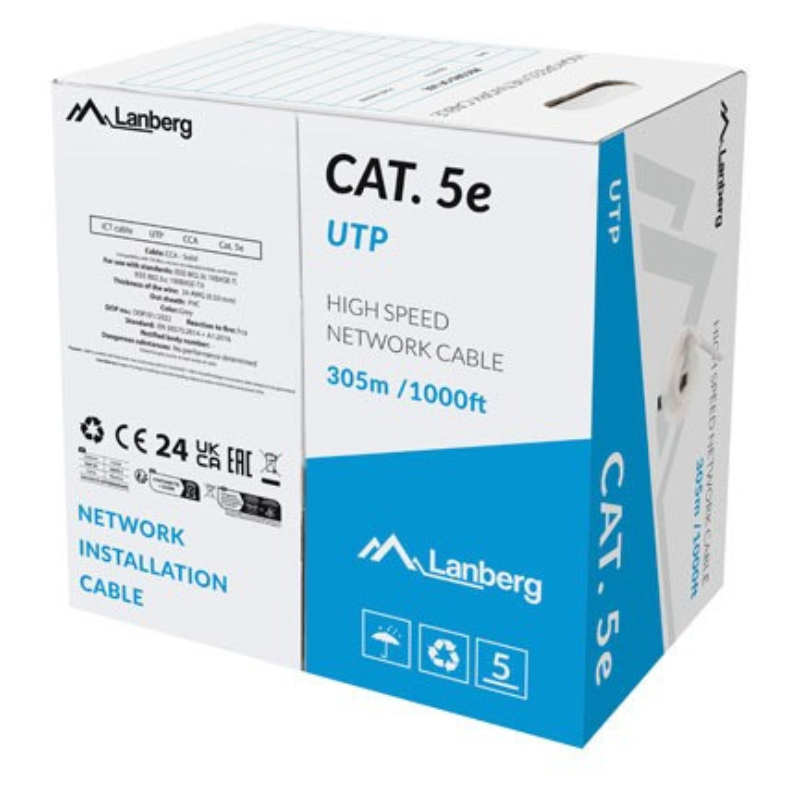 BOBINA CABLE RED LANBERG CAT-5E UTP RJ45 SOLIDO CCA 305M FLUKE PASSED BOBINA CABLE RED LANBERG CAT-5E UTP RJ45 SOLIDO CCA 305M FLUKE PASSED