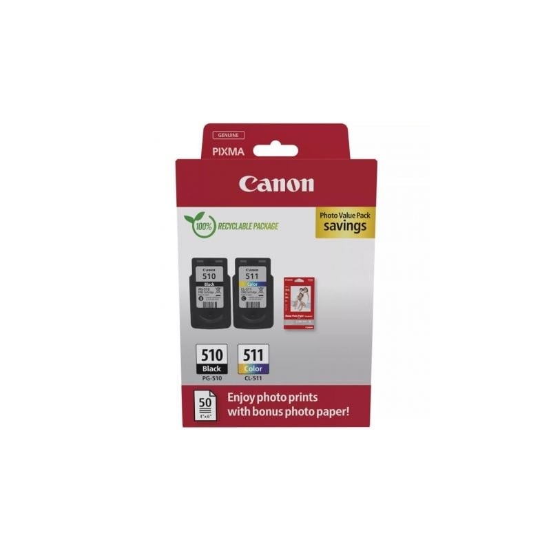 Cartucho de Tinta Original Canon PG-510 + CL-511 Multipack- Negro- Tricolor + Papel Fotográfico Cartucho de Tinta Original Canon PG-510 + CL-511 Multipack- Negro- Tricolor + Papel Fotográfico