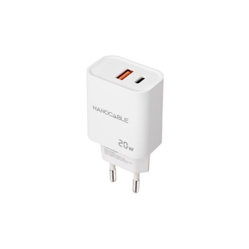 Cargador de Pared Nanocable 10-10-2007- 1xUSB- 1xUSB Tipo-C- 20W- Blanco Cargador de Pared Nanocable 10-10-2007- 1xUSB- 1xUSB Tipo-C- 20W- Blanco