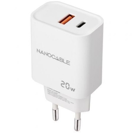 Cargador de Pared Nanocable 10-10-2007- 1xUSB- 1xUSB Tipo-C- 20W- Blanco