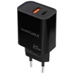 Cargador de Pared Nanocable 10-10-2008- 1xUSB- 1xUSB Tipo-C- 20W- Negro