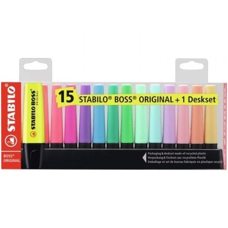 Peana de Marcadores Fluorescentes Stabilo Boss Original- 15 Unidades- Colores Surtidos- Incluye Soporte