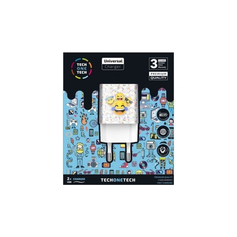 Cargador de Pared Tech One Tech Emojitech Smile TEC2502- 2xUSB- 2-4A- Blanco Cargador de Pared Tech One Tech Emojitech Smile TEC2502- 2xUSB- 2-4A- Blanco