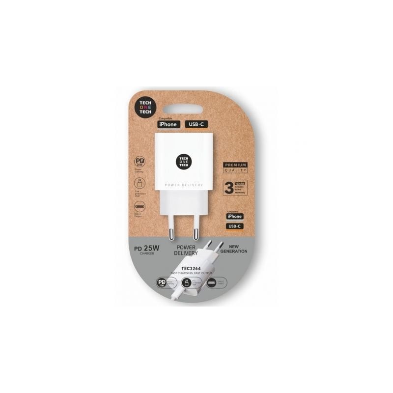 Cargador de Pared Tech One Tech TEC2264- 1xUSB Tipo-C- 25W- Blanco Cargador de Pared Tech One Tech TEC2264- 1xUSB Tipo-C- 25W- Blanco
