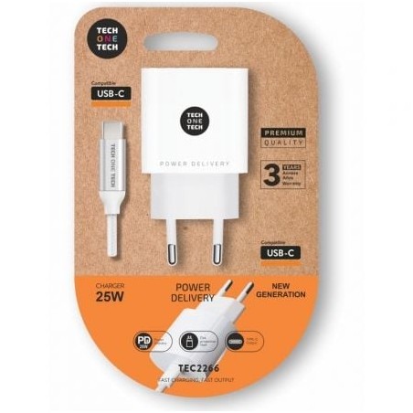 Cargador de Pared Tech One Tech TEC2266- 1xUSB Tipo-C + Cable USB Tipo-C- 3A- Blanco