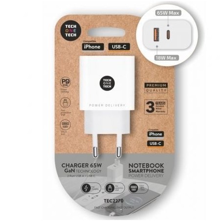 Cargador de Pared GaN Tech One Tech GaN TEC2270- 1xUSB Tipo-C- 1xUSB- 65W- Blanco