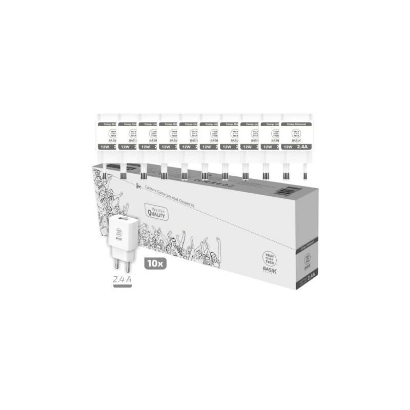Pack 10 Cargadores de Pared Tech One Tech Basik TEC2954- 1xUSB- 12W Pack 10 Cargadores de Pared Tech One Tech Basik TEC2954- 1xUSB- 12W