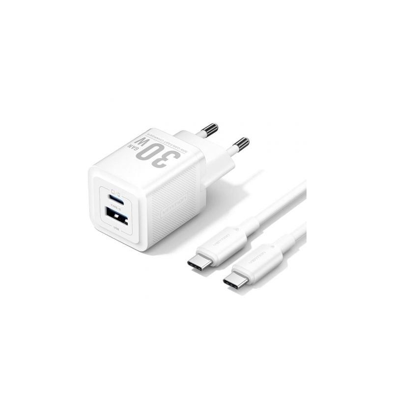 Cargador Gan de Pared Vention TZ-FEQW0-EU-01- 1xUSB Tipo-C- 1xUSB + Cable USB Tipo-C- 30W Cargador Gan de Pared Vention TZ-FEQW0-EU-01- 1xUSB Tipo-C- 1xUSB + Cable USB Tipo-C- 30W