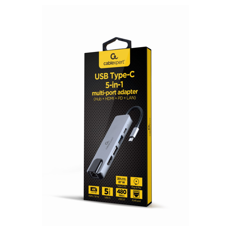 ADAPTADOR MULTIPUERTO USB TIPO C 5 EN 1 HUB HDMI PD LAN