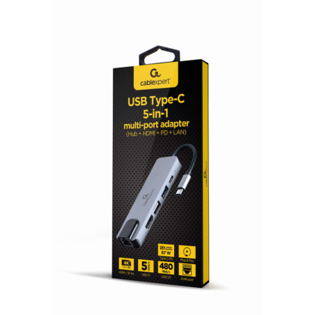 ADAPTADOR MULTIPUERTO USB TIPO C 5 EN 1 HUB HDMI PD LAN