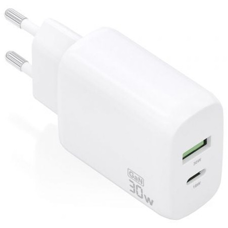 Cargador de Pared GaN Aisens A110-0923- 1xUSB Tipo-C- 1xUSB- 30W- Blanco