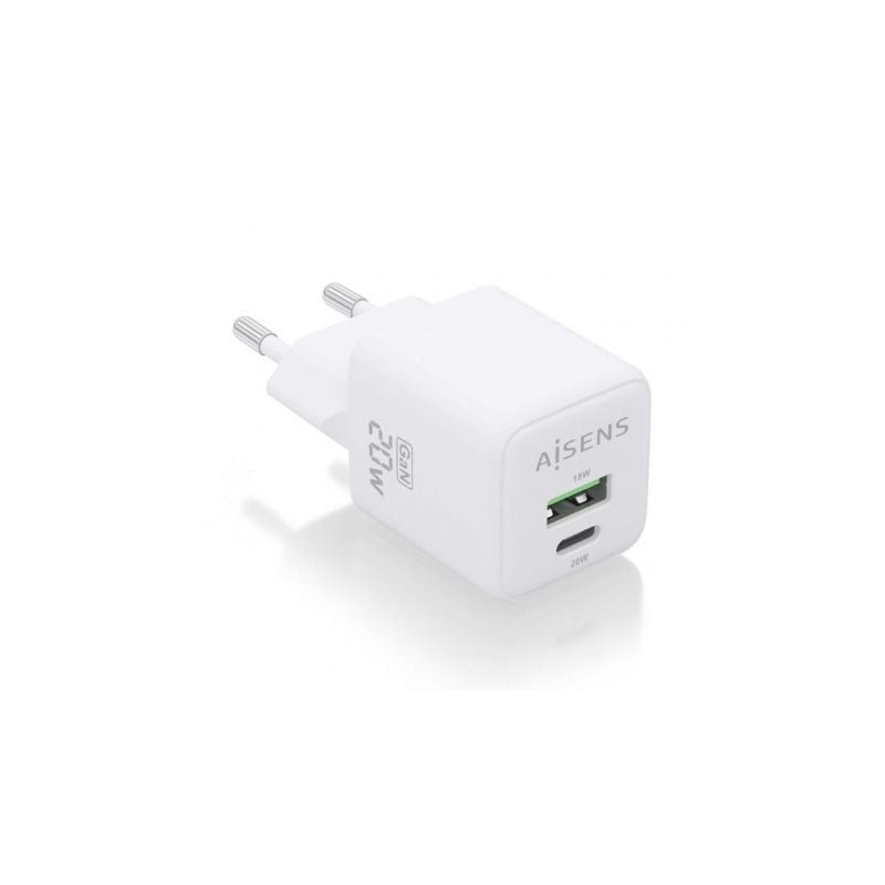 Cargador de Pared GaN Aisens ASCH-20W2P010-W- 1xUSB Tipo-C- 1xUSB- 20W