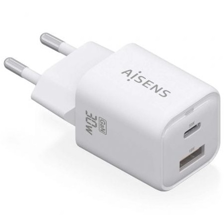 Cargador de Pared GaN Aisens ASCH-30W2P020-W- 1xUSB Tipo-C- 1xUSB- 30W