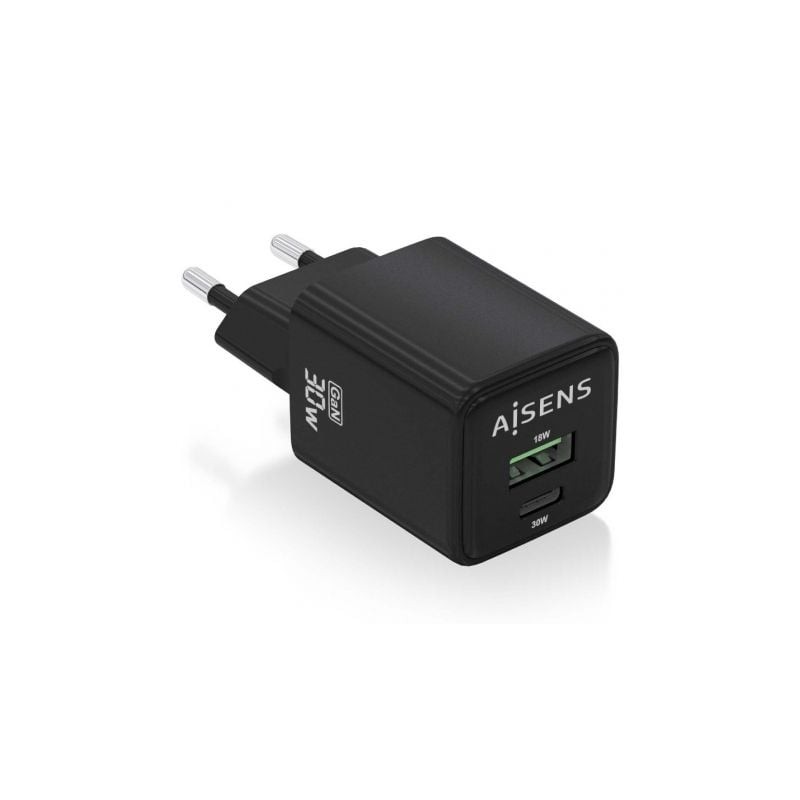 Cargador de Pared GaN Aisens ASCH-30W2P038-BK- 1xUSB Tipo-C- 1xUSB- 30W