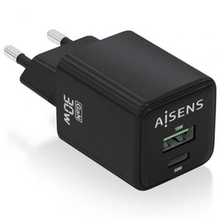 Cargador de Pared GaN Aisens ASCH-30W2P038-BK- 1xUSB Tipo-C- 1xUSB- 30W