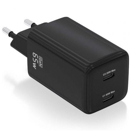 Cargador de Pared GaN Aisens ASCH-65W2P040-BK- 2xUSB Tipo-C- 65W