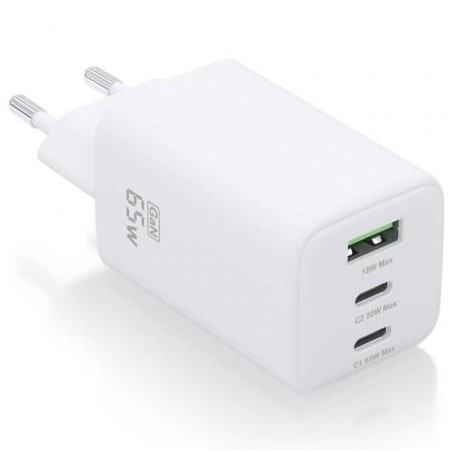 Cargador de Pared GaN Aisens ASCH-65W3P041-W- 2xUSB Tipo-C- 1xUSB- 65W