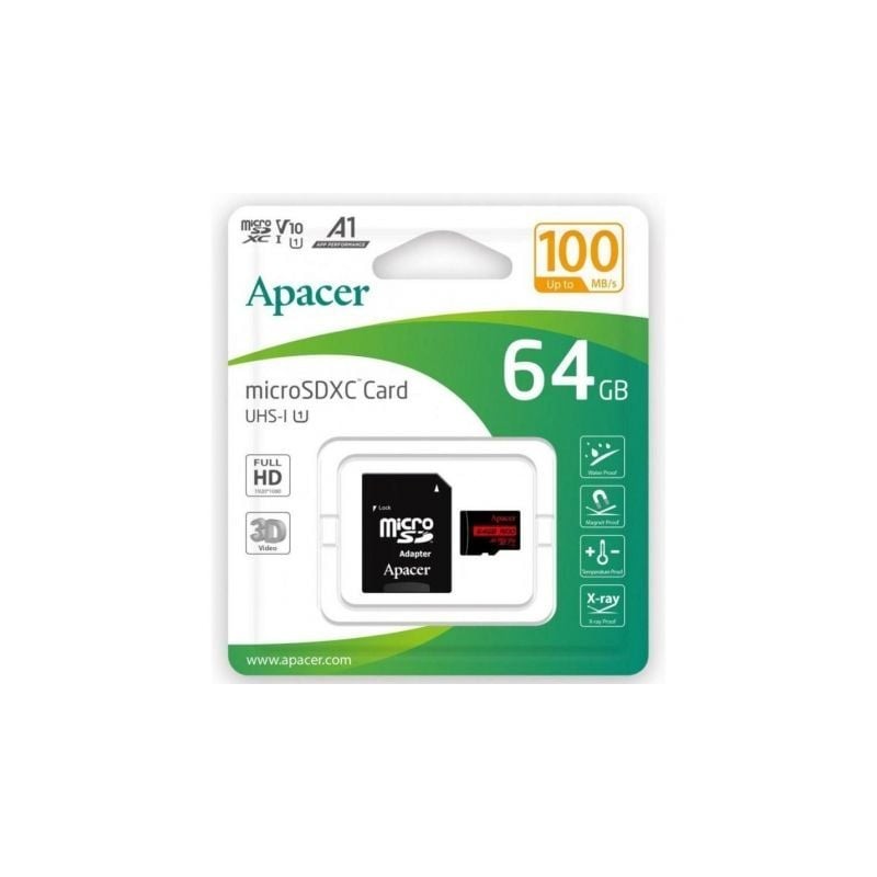 Tarjeta de Memoria Apacer 64GB XC UHS 1 con Adaptador- Clase 10- 100MBs Tarjeta de Memoria Apacer 64GB XC UHS 1 con Adaptador- Clase 10- 100MBs
