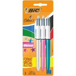 Bolígrafos de Tinta de Aceite Retráctil Bic 4 Colors Shine 9122751- 3 unidades- 4 Colores de Tinta- Cuerpo Color Brillante