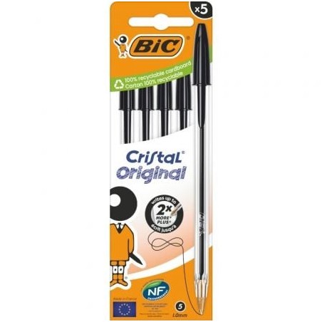 Caja de Bolígrafos de Tinta de Aceite Bic Cristal Original 516345- 5 unidades- Negros
