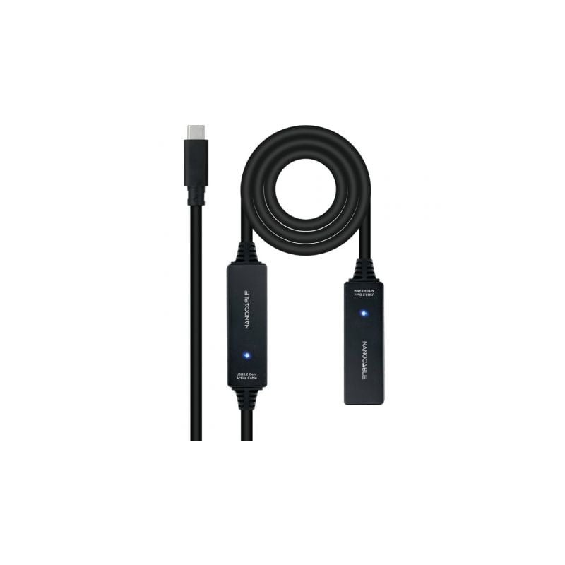 Cable Alargador USB Tipo-C 3-2 con Amplificador Nanocable 10-01-1312- USB Tipo-C Macho - USB Tipo-C Hembra- 10m- Negro