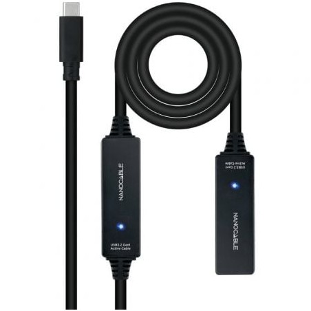 Cable Alargador USB Tipo-C 3-2 con Amplificador Nanocable 10-01-1312- USB Tipo-C Macho - USB Tipo-C Hembra- 10m- Negro