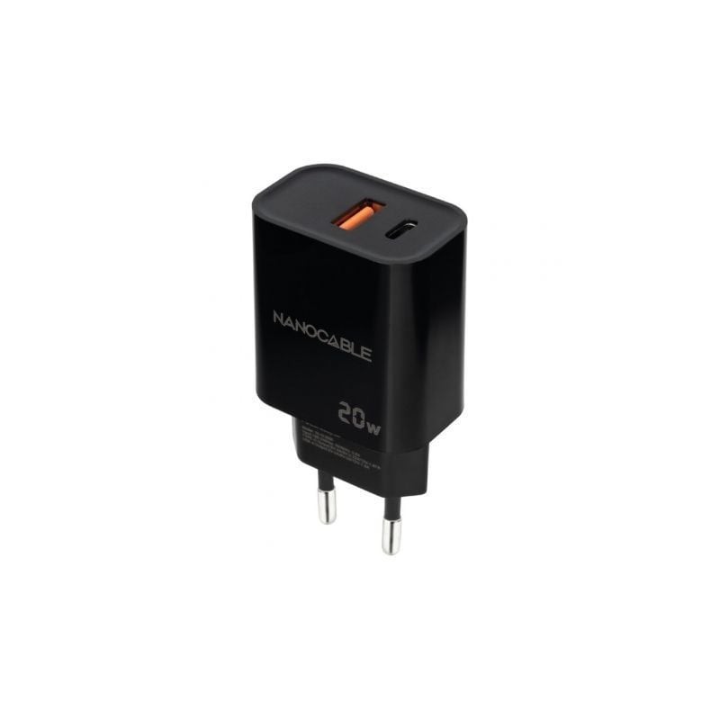 Cargador de Pared Nanocable 10-10-2008- 1xUSB- 1xUSB Tipo-C- 20W- Negro