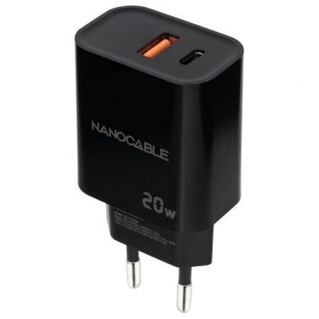 Cargador de Pared Nanocable 10-10-2008- 1xUSB- 1xUSB Tipo-C- 20W- Negro
