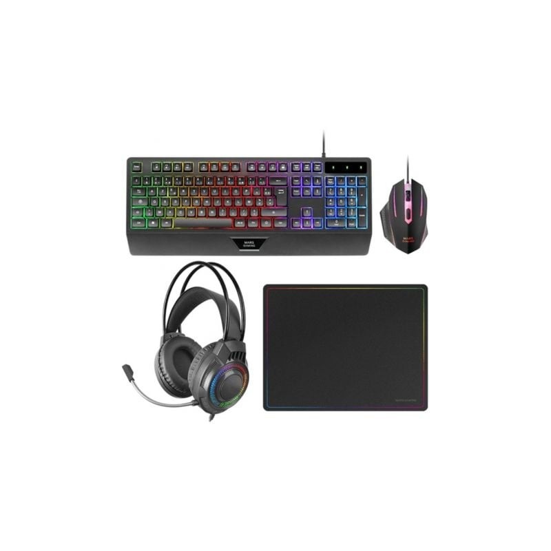 Pack Gaming Mars Gaming MCP124PROES- Teclado + Ratón Óptico + Auriculares + Alfombrilla