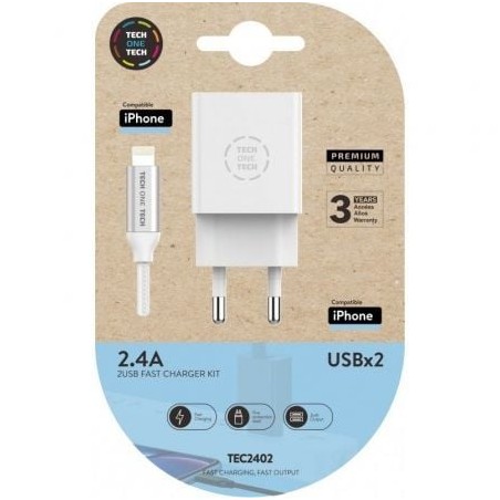 Cargador de Pared Tech One Tech TEC2402- 2xUSB + Cable Lightning- 12W- Blanco