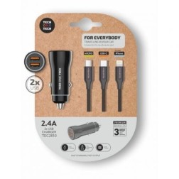 Cargador de Coche Tech One Tech TEC2810- 2xUSB + Cable 3 en 1- 12W