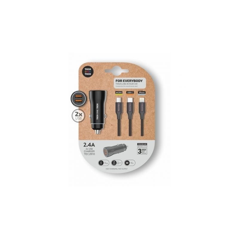 Cargador de Coche Tech One Tech TEC2810- 2xUSB + Cable 3 en 1- 12W