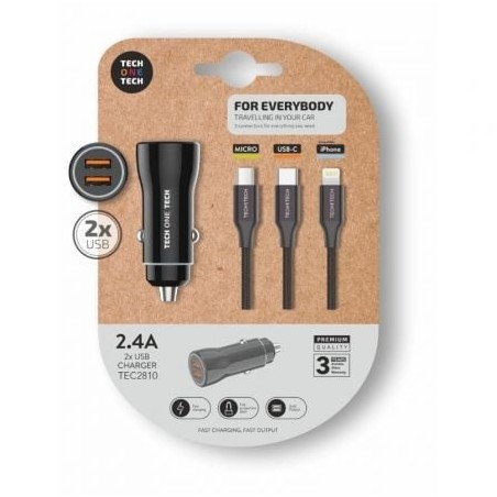 Cargador de Coche Tech One Tech TEC2810- 2xUSB + Cable 3 en 1- 12W