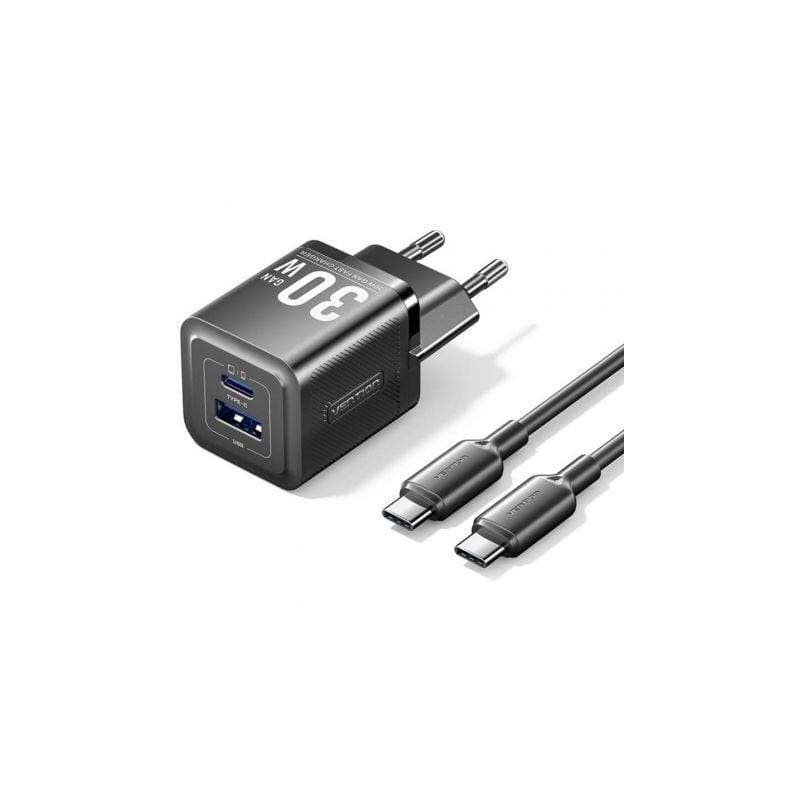 Cargador de Pared GaN Vention TZ-FEQB0-EU-01- 1xUSB Tipo-C- 1xUSB + Cable USB Tipo-C- 30W