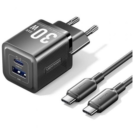 Cargador de Pared GaN Vention TZ-FEQB0-EU-01- 1xUSB Tipo-C- 1xUSB + Cable USB Tipo-C- 30W