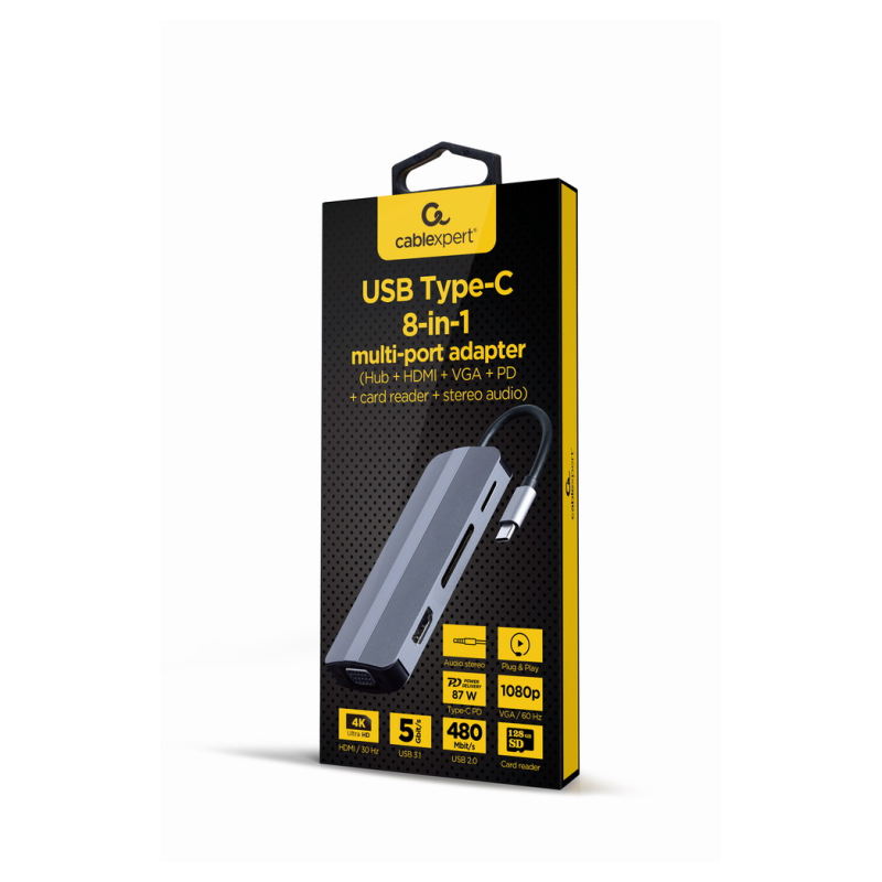 ADAPTADOR MULTIPUERTO USB TIPO-C 8 EN 1 PLATA