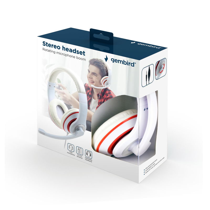 AURICULARES ESTEREO GEMBIRD COLOR BLANCO CON ARO ROJO