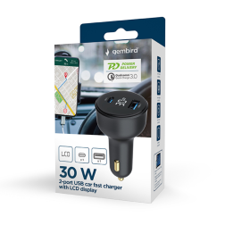 CARGADOR RAPIDO PARA COCHE GEMBIRD USB DE 2 PUERTOS, TIPO C PD, LCD, 30 W,NEGRO