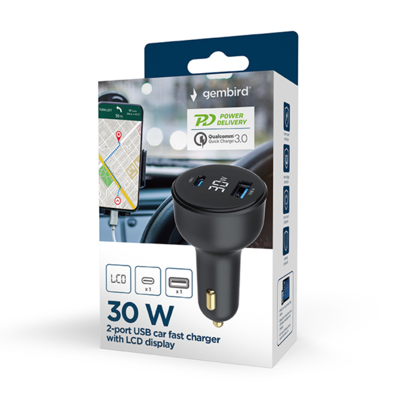 CARGADOR RAPIDO PARA COCHE GEMBIRD USB DE 2 PUERTOS, TIPO C PD, LCD, 30 W,NEGRO CARGADOR RAPIDO PARA COCHE GEMBIRD USB DE 2 PUERTOS, TIPO C PD, LCD, 30 W,NEGRO