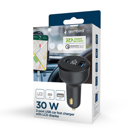 CARGADOR RAPIDO PARA COCHE GEMBIRD USB DE 2 PUERTOS, TIPO C PD, LCD, 30 W,NEGRO