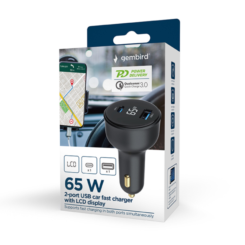 CARGADOR RAPIDO PARA COCHE GEMBIRD USB DE 2 PUERTOS, TIPO C PD, LCD, 65 W,NEGRO