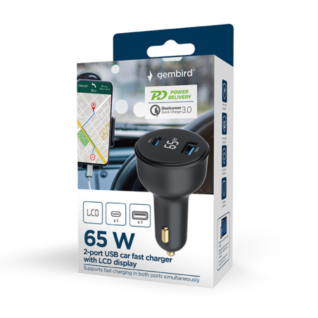 CARGADOR RAPIDO PARA COCHE GEMBIRD USB DE 2 PUERTOS, TIPO C PD, LCD, 65 W,NEGRO
