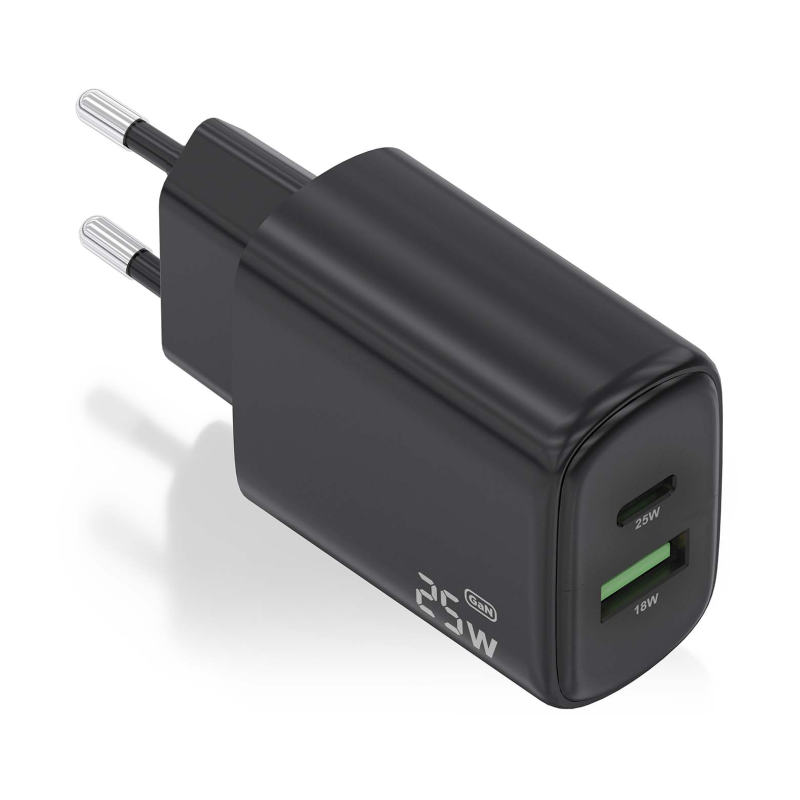 Cargador de Pared GaN Aisens A110-0912- 1xUSB Tipo-C- 1xUSB- 25W- Negro